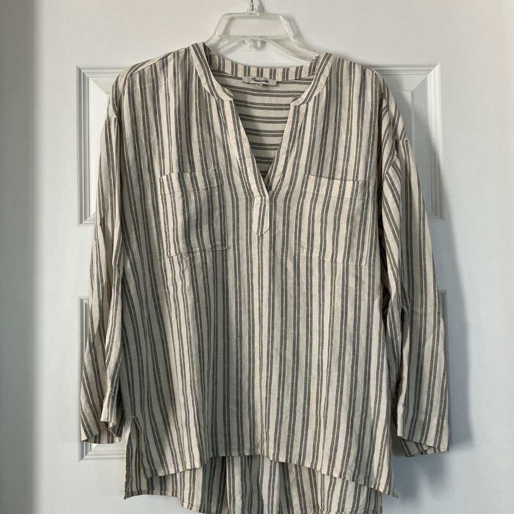 Madewell Linen-Blend Lakeline Popover Shirt in Hester Stripe Distant Grove